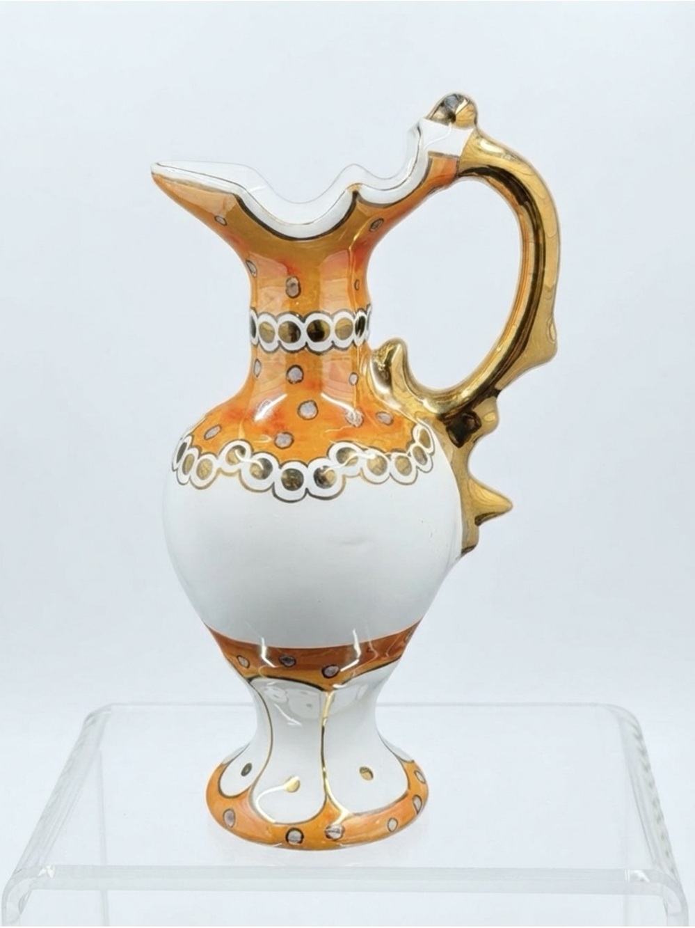 White and Orange Ceramic Pitcher Vase with Gold Accents